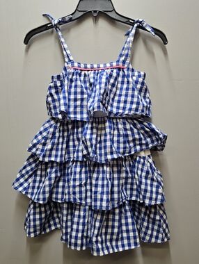 Crewcuts Kids Girls Size 7 Gingham Blue Plaid Tiered Tank Dress Cottagecore